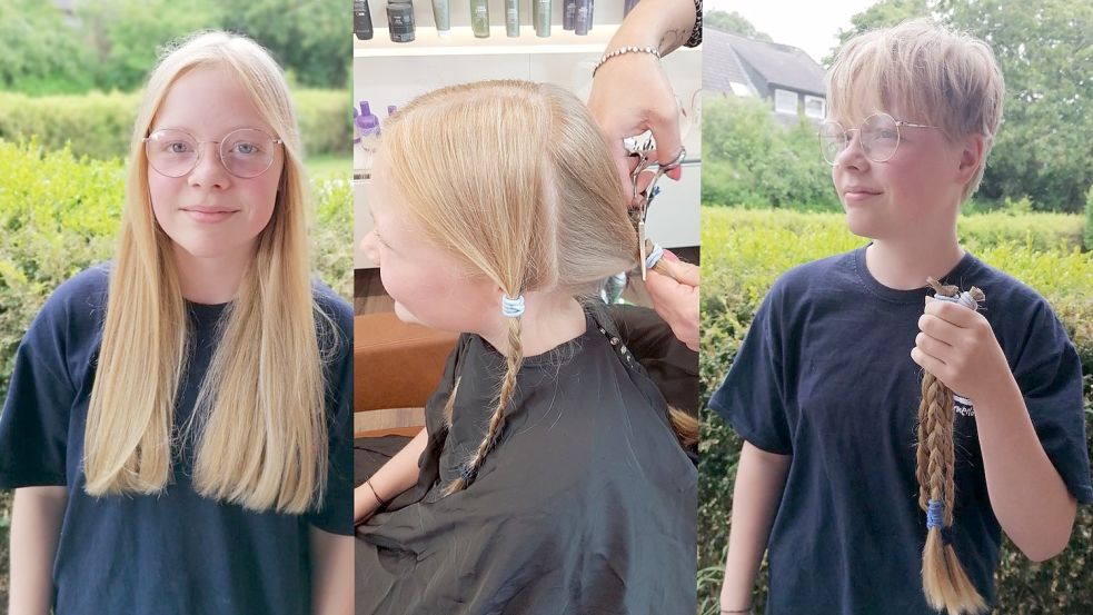 Von vorher, über das Abschneiden der Zöpfe, bis hin zur Kurzhaarfrisur – Lotta hat ihre Haare gespendet. Fotos: privat