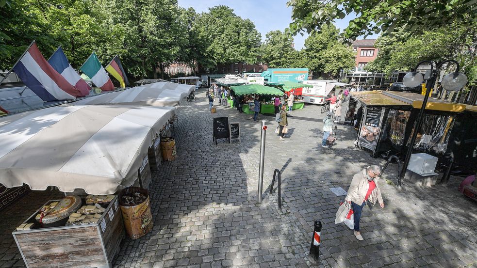 Der Markt in Leer wird von Bäumen gesäumt. Das Pflaster ist bei der Neugestaltung des Ernst-Reuter-Platzes so ausgewählt worden, dass die Laufwege besonders fußfreundlich sind. Fotos: Ortgies