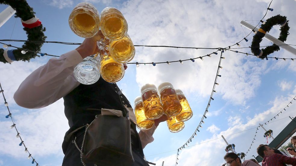 Ein Kellner trägt auf dem Oktoberfest in München Maßkrüge. Foto: picture alliance / dpa