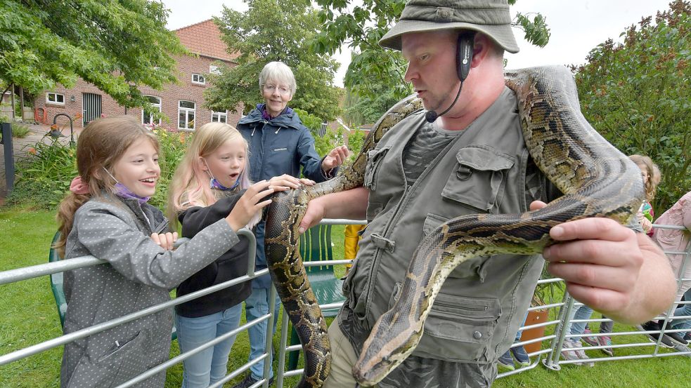 Keine Angst vor gefährlichen Tieren: Die Würgeschlange Willi war einer der Stars des rollenden Zoos. Foto: Ortgies