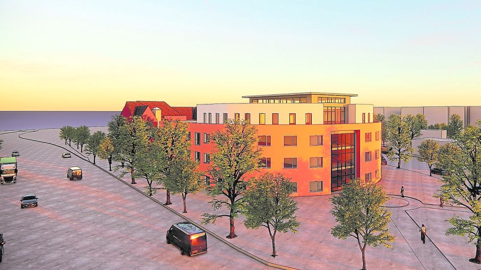 Halbrund ist das neue Rathaus in Papenburg konzipiert, das zwischen der Bundesstraße 70 (links) und Rathausstraße gebaut werden soll. Die Visualisierung des Architektenbüros zeigt im Hintergrund einen Teil des historischen Rathauses (links). Grafik: Schomaker + Henschel Architekten