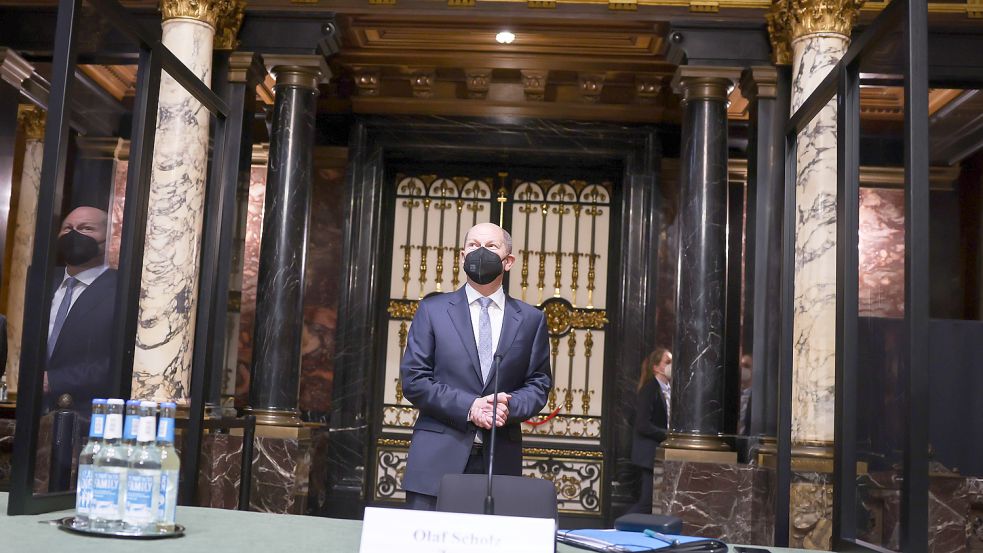 Olaf Scholz im April 2021 im Parlamentarischer Untersuchungsausschuss zur Cum-Ex-Affäre im Hamburger Rathaus. Foto: dpa