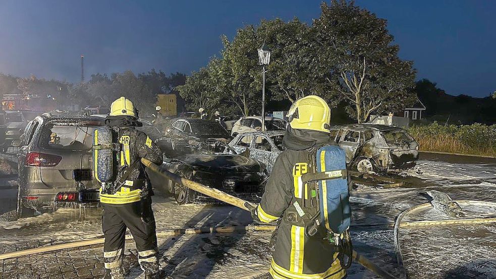 Auf dem Parkplatz „Am Langen Wasser“ sind einige Fahrzeuge komplett ausgebrannt. Foto: Feuerwehr