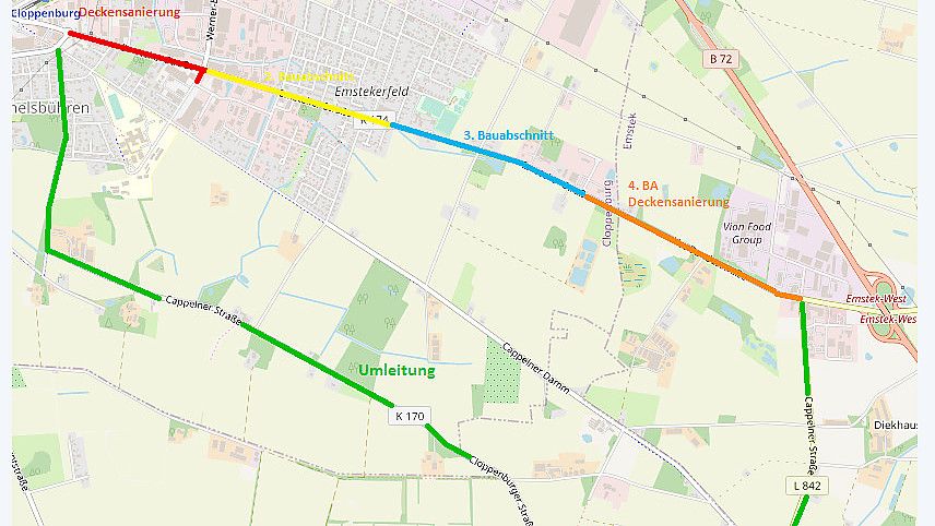 Die Sanierung der Kreisstraße 174 erfolgt in mehreren Abschnitten. Die Umleitung ist ausgeschildert. Grafik: Landkreis Cloppenburg