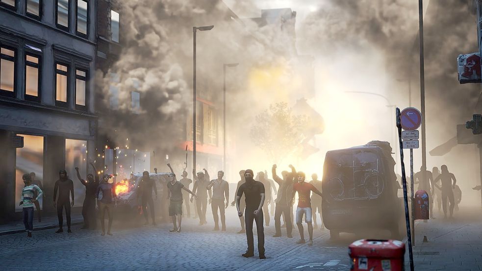 Brennende Autos, zerstörte Schaufenster und wütende Demonstranten: In der VR-Ausstellung vom Discovery Dock bekommt man einen Eindruck davon, wie es im Juli vor fünf Jahren im Hamburger Schanzenviertel aussah. Foto: Discovery Dock/Bizzlogic
