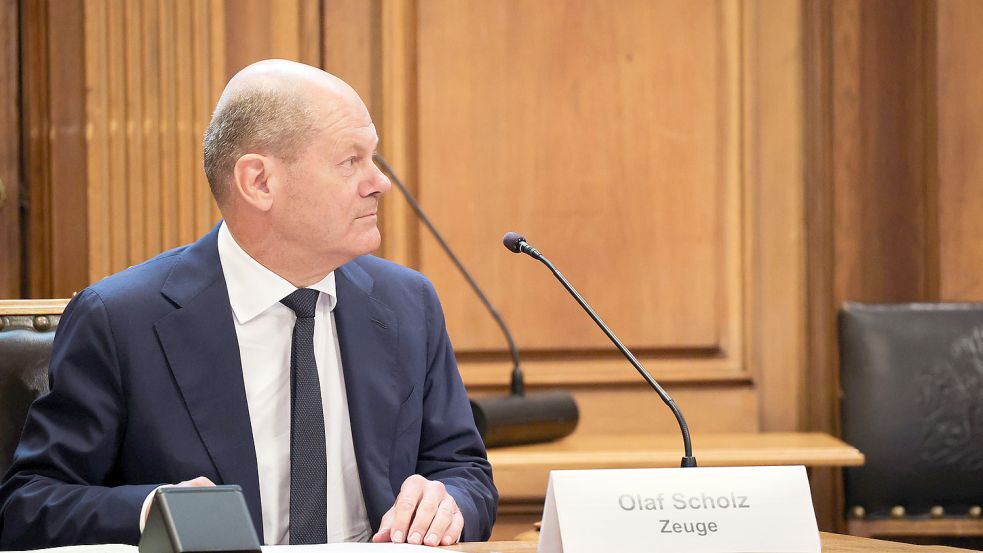 Kanzler Olaf Scholz bei seiner Aussage im Hamburger Cum-Ex-Untersuchungsausschuss am 19. Auguzt. Foto: Christian Charisius