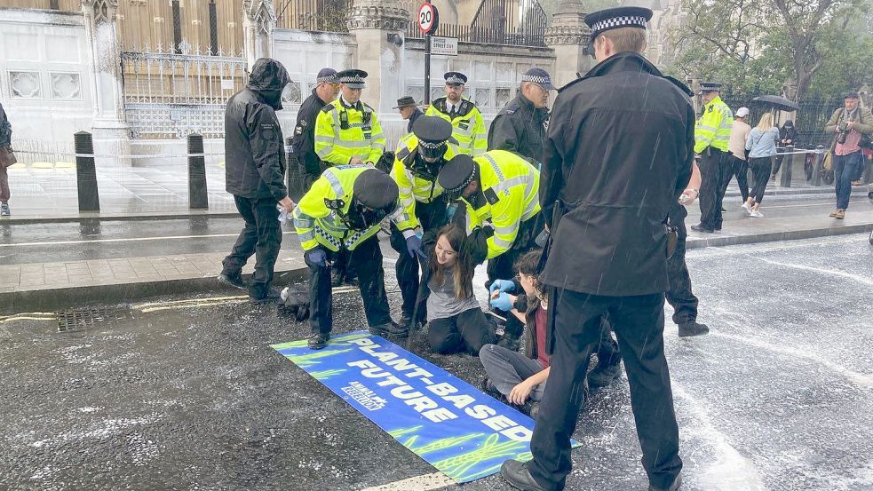 Weil sie das britische Parlament mit weißer Farbe besprüht hatten, wurden kürzlich mehrere Tierrechtsaktivisten in London festgenommen. Archivfoto: „Animal Rebellion“/PA Media/DPA