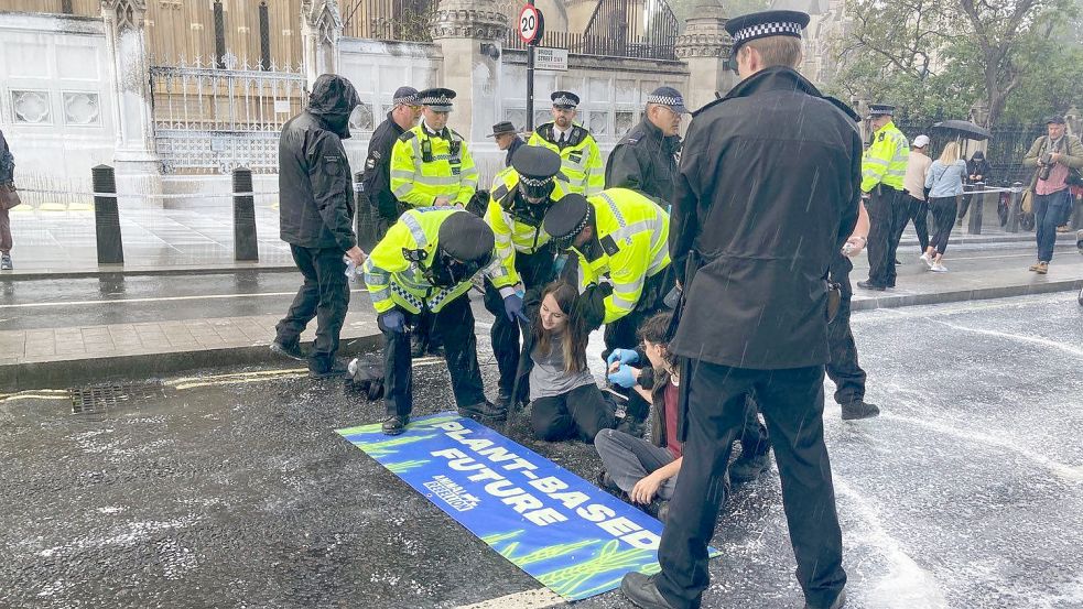 Weil sie das britische Parlament mit weißer Farbe besprüht hatten, wurden kürzlich mehrere Tierrechtsaktivisten in London festgenommen. Archivfoto: „Animal Rebellion“/PA Media/DPA