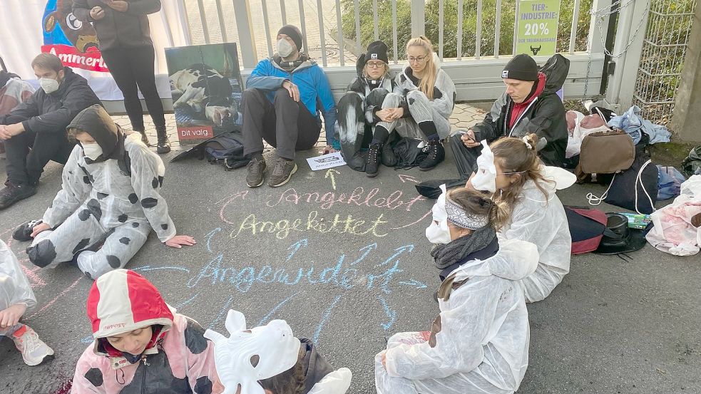 Aktivisten hatten sich am Freitag mit Fahrradschlössern an ein Tor der Molkerei Ammerland gekettet – und sich mit Klebstoff am Boden festgeklebt. Archivfoto: Heinig