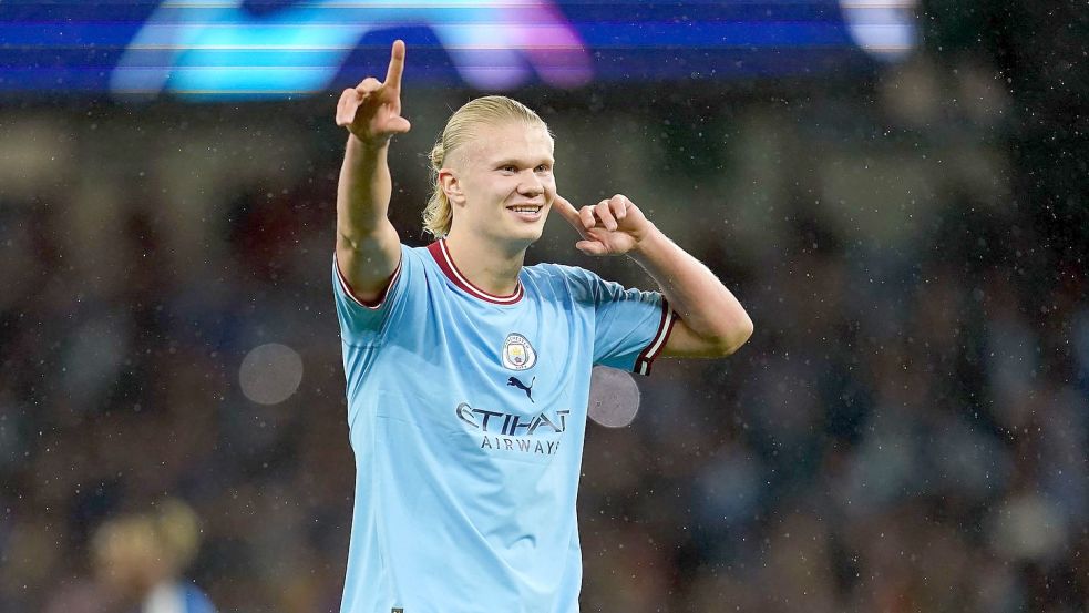 Manchesters Erling Haaland jubelt über sein Tor zum 2:0 gegen den FC Kopenhagen. Foto: Nick Potts/PA Wire/dpa