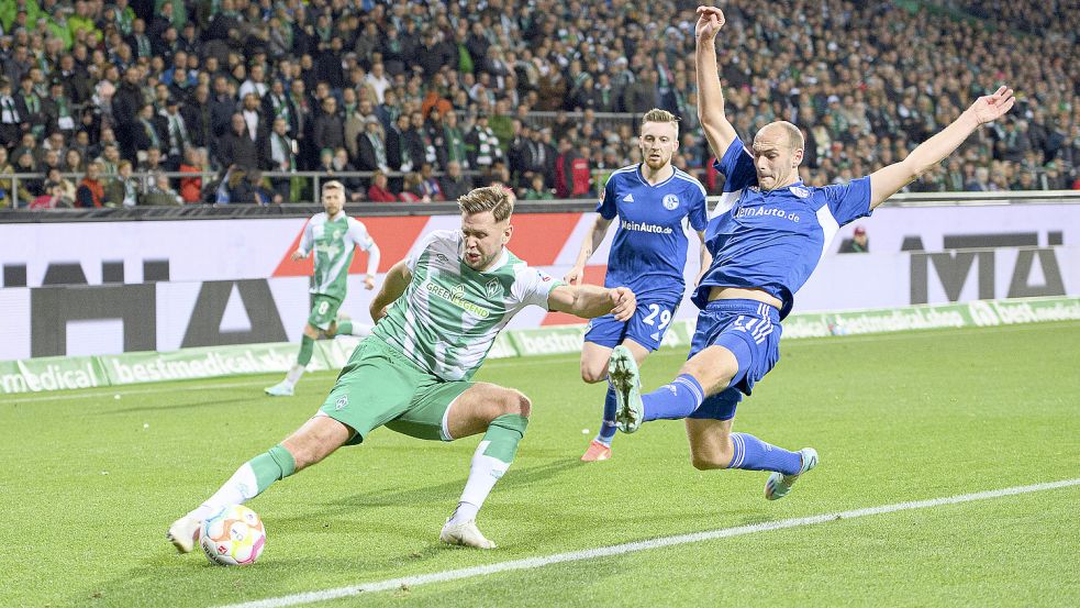 Fehlt dem SV Werder in München: Stürmer Niclas Füllkrug (links), hier im Duell mit Schalkes Henning Matriciani. Foto: imago images/Sven Simon