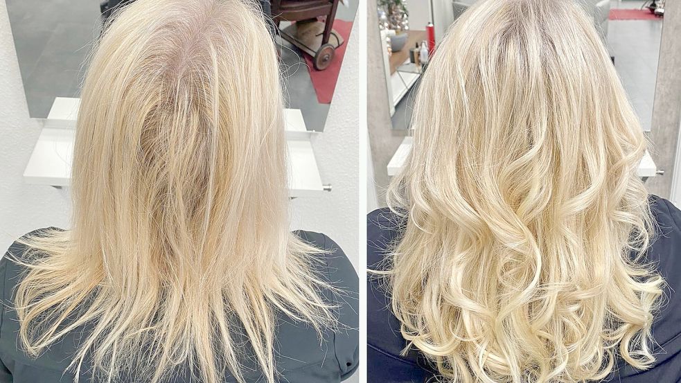 Vorher (links) und nachher: Durch eine Haarverdichtung mit Extensions kann das Aussehen deutlich verbessert werden.