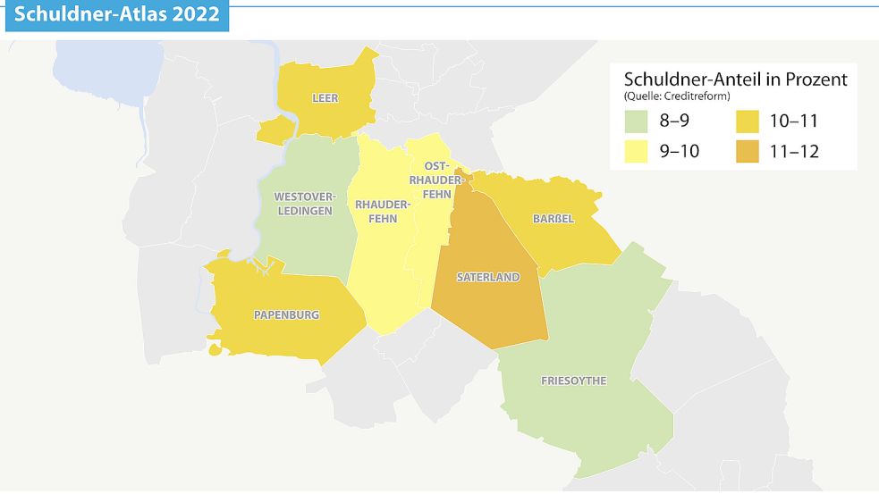 Die Grafik zeigt die Schuldnerquoten in den Landkreisen des GA-Verbreitungsgebietes. Grafik: Reil