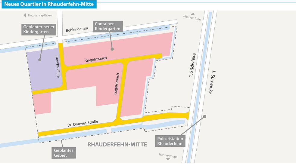 In diesem Jahr wird das Baugebiet „Rhauderfehn-Mitte“ um 20 neue Bauplätze erweitert. Die 700 bis 800 Quadratmeter großen Grundstücke will die Gemeinde Rhauderfehn noch in diesem Jahr vermarkten. Grafik: ZGO-Grafikteam