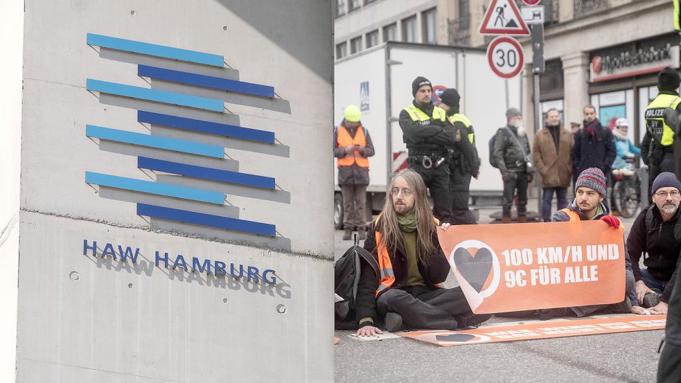 Regelmäßig kleben sich Aktivisten der „Letzten Generation“ an Straßen fest und blockieren sie so. An der staatlichen Hochschule für Angewandte Wissenschaft in Hamburg informierten sie über ihre Protestform. Foto: Collage: Stephan Wallocha/aal.photo