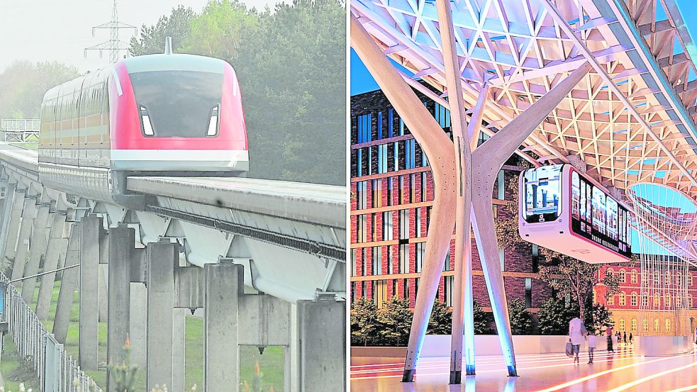 Links Magnetschwebebahn, rechts Solar-Schwebebahn: Die Firmen Sunglider und Intis überlegen, das Osnabrücker Projekt auf der Transrapid-Teststrecke in Lathen im Emsland zu realisieren. Foto: Stricker / dpa, Peter Kuzia