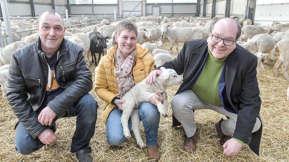 Dennis und Anne Bonsemeyer führen die Deichschäferei im Bereich der Deichacht Moormerland. Minister Christian Meyer (rechts) gefielen die Schafe und deren Jungtiere sehr. Foto: Ortgies