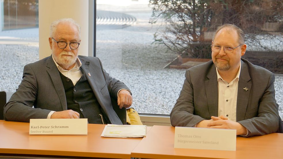 Karl-Peter Schramm (links) und Saterlands Bürgermeister Thomas Otto repräsentieren die Saterfriesen auf einer Aussprache mit Bundestagsabgeordneten im Berliner Paul-Löbe-Haus. Foto: Petersen