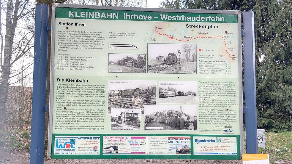 An der Kleinbahnhaltestelle in Ihren erläutert ein Hinweisschild die Entwicklung der Kleinbahn. Foto: Ammermann