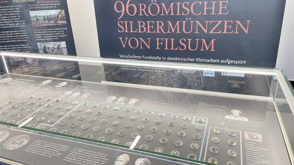 Die 96 Silbermünzen sind in der Glasvitrine ausgestellt. Bild: Rodeck