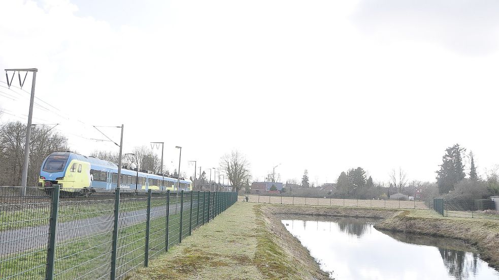 Hinter diesem Regenrückhaltebecken soll ein neues Quartier entstehen. Foto: Wolters/Archiv