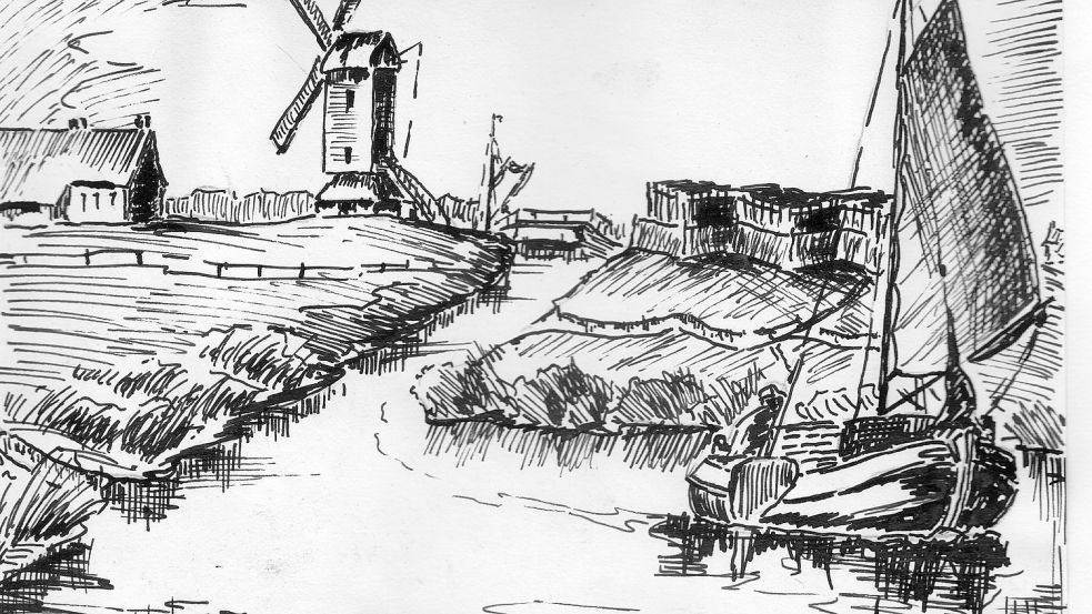 Diese alte Zeichnung zeigt den Stichkanal vom Langholter Meer Richtung Hauptfehnkanal, rechts die Rhauder Schanze, links die Mühle. Bild: GA-Archiv