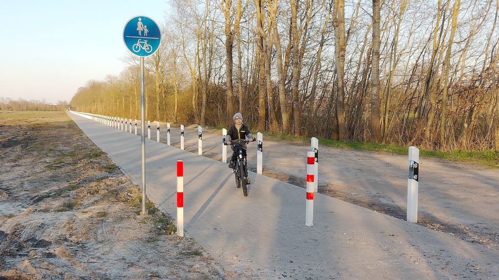 Dicht an dicht stehen Leitpfosten am Ackerhauser Weg. Dort hat die Gemeinde Moormerland einen neuen Radweg angelegt. Foto: Saathoff