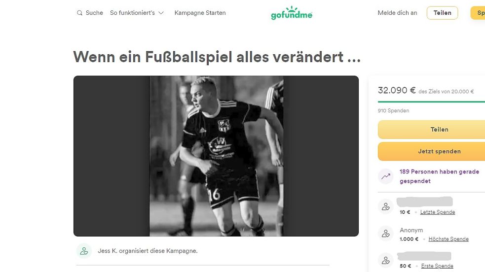 Freunde und Bekannte haben eine Spendenaktion für den verstorben Fußballer des SG Einheit Kenz gestartet, die bereits mehr als 32.000 Euro eingebracht hat. Foto: www.gofundme.com/screenshot