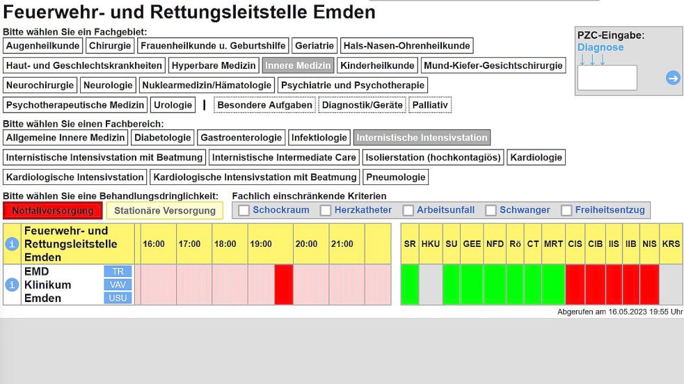 Dienstag, 16. Mai 2023, 19.55 Uhr, niedersächsisches Ivena-Portal: Das Klinikum Emden hat seine internistische Intensivstation im Bereich der "Notfallversorgung" abgemeldet. Screenshot: OZ