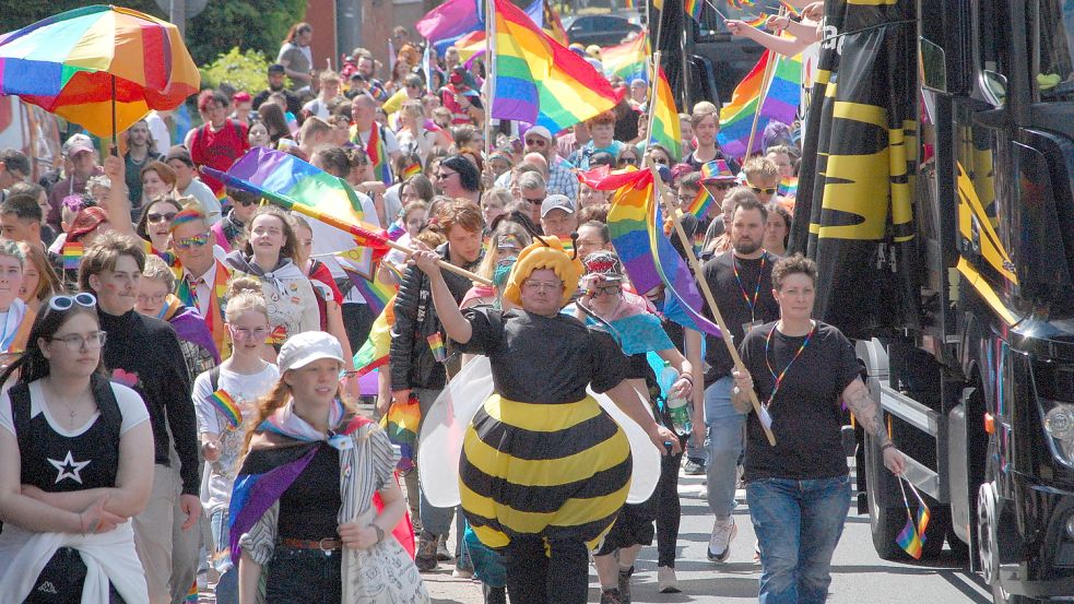 Der Grünen-Ratsherr Gunnar Ott hat sich wie jedes Jahr zum CSD in sein Biene-Maja-Kostüm geworfen.