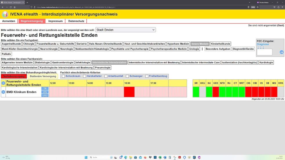Dienstag, 23. Mai 2023, 16.03: Auch die Emder Klinik hat ihre Intensivstation im niedersächsischen Ivena-Portal für die "Notfallversorgung" abgemeldet. Screenshot: OZ