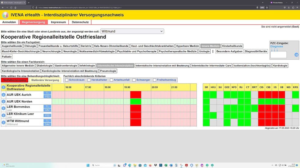 Das niedersächsische Ivena-Portal am 17. Mai um 19.29: Die Intensivstationen in Leer, Aurich und Wittmund sind für die Notfallversorgung abgemeldet. Screenshot: OZ