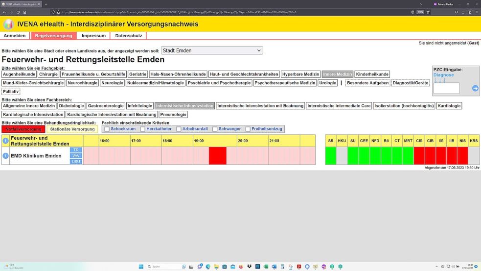 Das niedersächsische Ivena-Portal am 17. Mai um 19.30: Die Intensivstation des Emder Krankenhauses ist für die Notfallversorgung abgemeldet. Screenshot: OZ