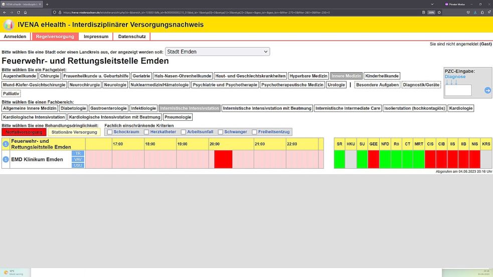 Sonntagabend, 4. Juni 2023: Im Ivena-Portal ist die Intensivstationen in Emden für die Notfallversorgung abgemeldet. Screenshot: OZ