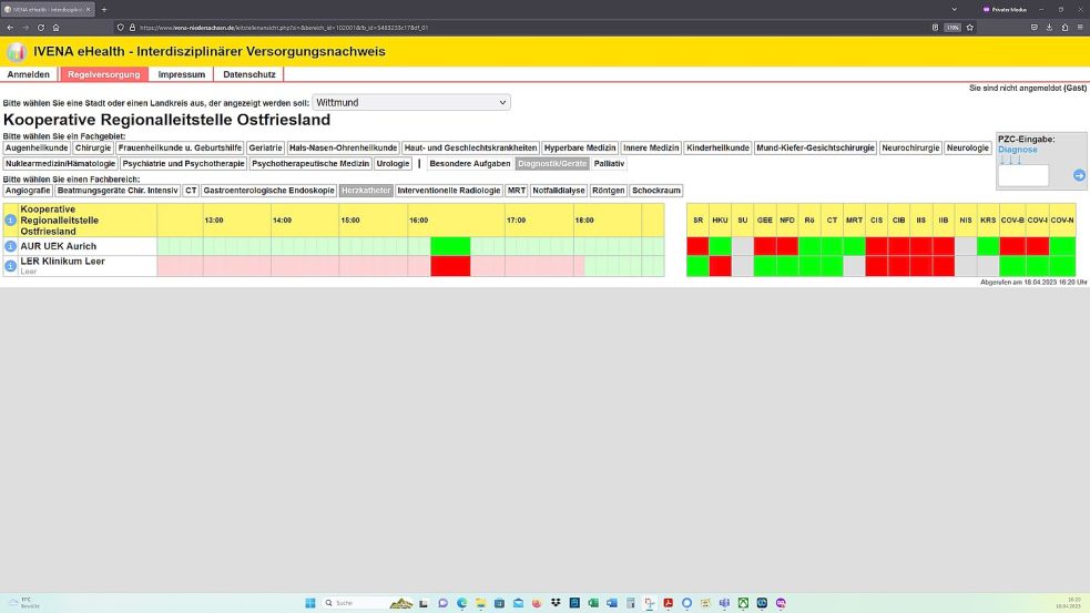 Das Klinikum Leer hatte am 17. und 18. April jeweils für mehrere Stunden seinen Herzkatheter-Bereich abgemeldet. Screenshot: OZ