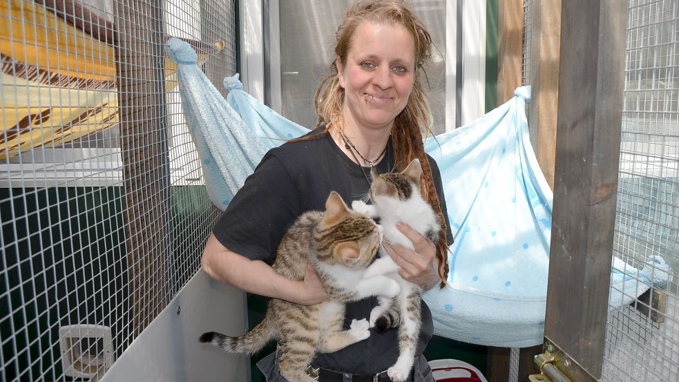 Die beiden Katzen, die Tierheimleiterin Franka Thun hier auf dem Arm hat, sind zwei von derzeit 60 Katzen, die im Tierheim untergebracht sind. Hinzu kommen ein Dutzend Hunde, ein Kaninchen, das gerade geworfen hat, sowie fünf Farbratten. Foto: Fertig