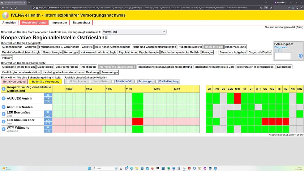 Dienstag, 6. Juni 2023, 11.20 Uhr: Fast alle Intensivstationen im Einzugsbereich der Kooperativen Regionalleitstelle Ostfriesland sind aufnahmebereit – nur die des Klinikums Leer nicht. Screenshot: OZ