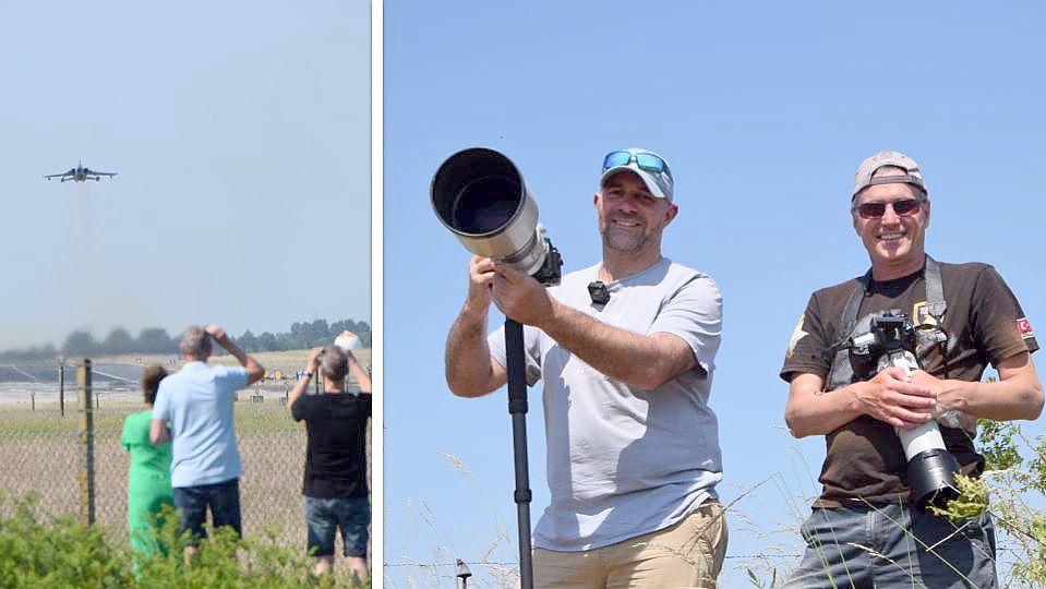 „Air Defender 2023“: Startende Kampfjets lockten am Montag hunderte sogenannte Planespotter an den Flugplatz Schleswig/Jagel. Extra aus England angereist sind Mark Kerton (l.) und Steve Morris. Foto: Sven Windmann
