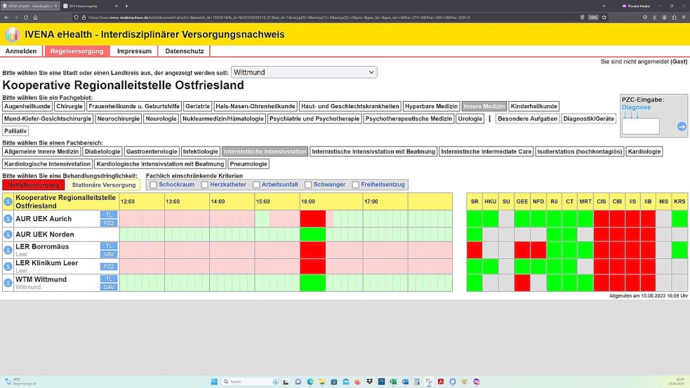 15. Juni 2023,16.09 Uhr: Drei von fünf Intensivstationen im Einzugsbereich der Kooperativen Regionalleitstelle in Wittmund sind für die Notfallversorgung abgemeldet. Screenshot: OZ