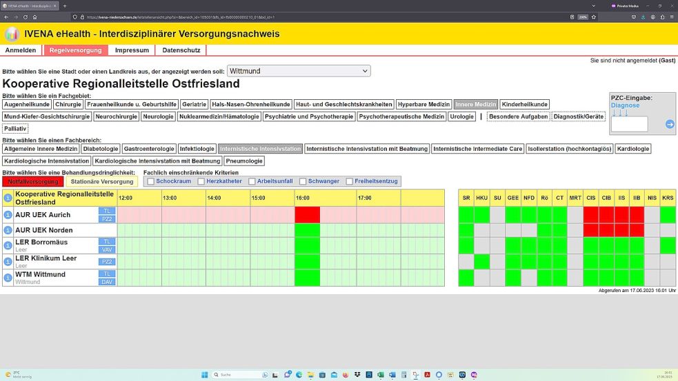 Das Norder Krankenhaus hatte am Samstaganchmittag als einziges im Klinikverbund Aurich-Emden-Norden seine Intensivstation für die Notfallversorgung angemeldet – ein Zustand, wie er in den vergangenen Wochen immer wieder im Ivena-Portal zu sehen war. Screenshot: OZ