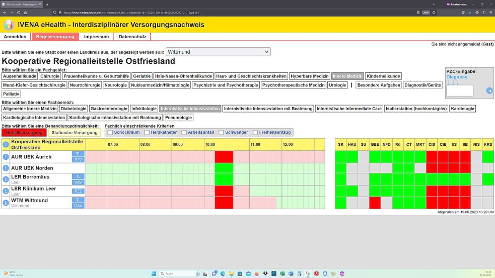 Montagmorgen, 19. Juni 2023: Die Intensivstationen des UEK Aurich, des Klinikums Leer und des Krankenhauses Wittmund sind für die Notfallversorgung abgemeldet. Screenshot: OZ