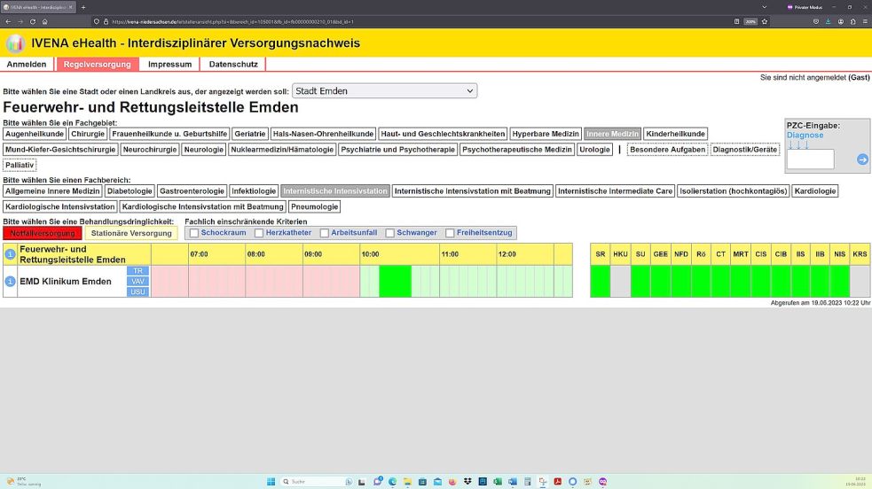 Montagmorgen, 19. Juni 2023: Die Emder Intensivstation war für die Notfallversorgung abgemeldet. Screenshot: OZ