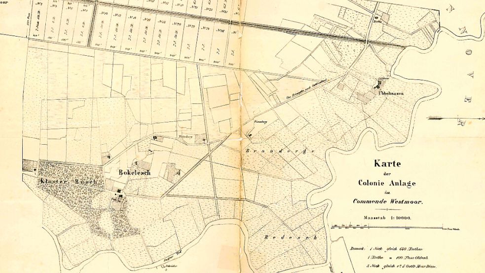 Dies ist eine alte Flurkarte von Bokelesch, ausgewiesen als Übersicht der "Colonie Anlage im Commende Westmoor". Eingezeichnet darauf ist auch der Weg "Von Friesoythe nach Ostfriesland". Screenshot: Fertig