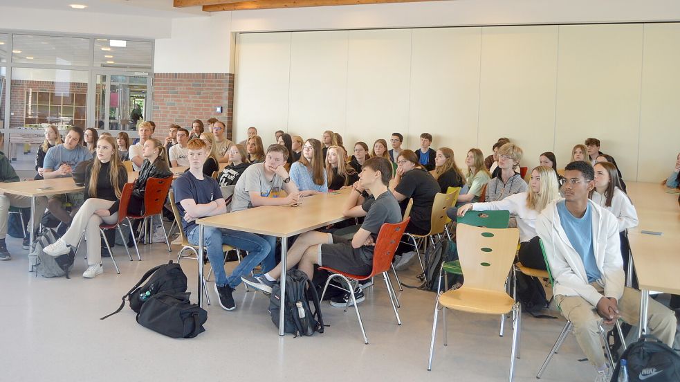 Zu der Veranstaltung, die die Volksbank Westrhauderfehn eingeladen hatte, waren einige Schüler und Schülerinnen des 11. Jahrgangs des Albrecht-Weinberg-Gymnasiums gekommen. Foto: Weers