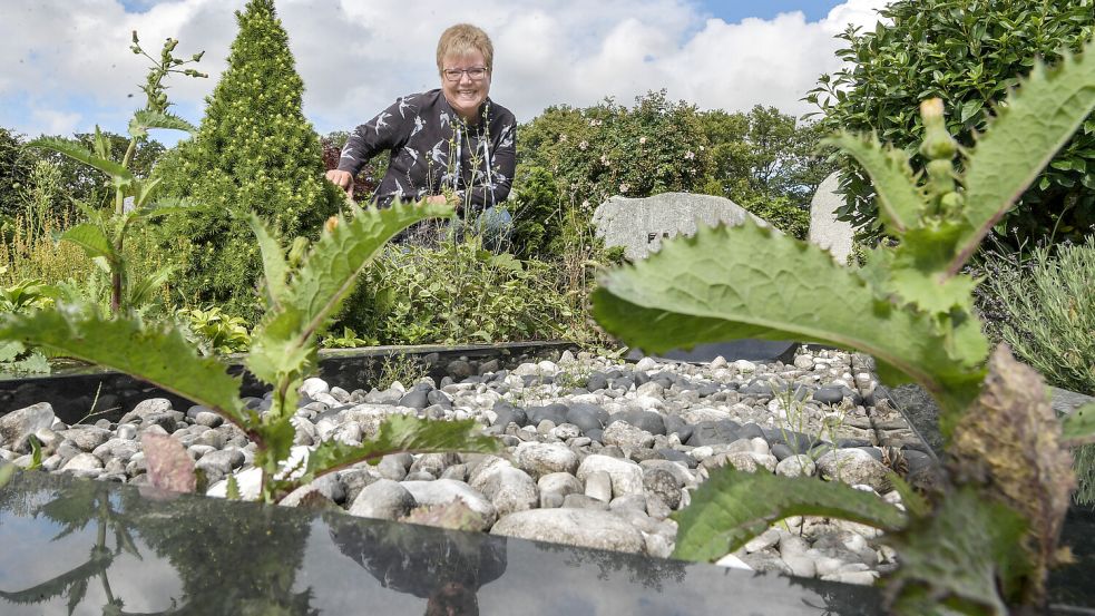 Gar nicht so pflegeleicht wie man meint: Gräber mit Schotterschicht. Die Gänsedisteln haben ihren Weg gefunden. Pastorin Marion Steinhorst-Coordes möchte, dass Gräber künftig anders aussehen. Foto: Ortgies