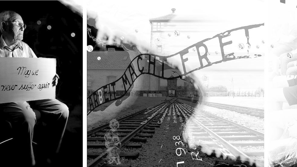 Von dem Holocaust-Überlebenden Albrecht Weinberg über Auschwitz zu Schülern des Gymnasiums Rhauderfehn hat Sylvia Laing den Bogen in ihrer Fotocollage für die Ausstellung "(un)vergessen" geschlagen. Privatfoto: Laing