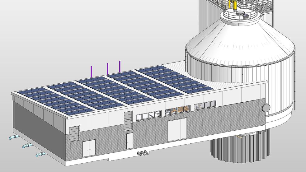 Die Ansicht zeigt, wie der neue Faulturm (rechts) und das künftige Maschinengebäude aussehen werden. Grafik: EHP Umweltplanung