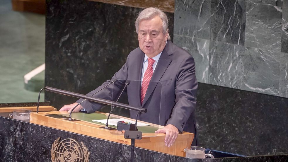 António Guterres spricht bei der Konferenz über Stand der Nachhaltigkeitsziele der Vereinten Nationen. Foto: Michael Kappeler/dpa