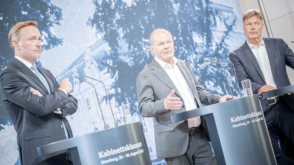 Halbzeit-Klausur auf Schloss Meseberg: Die Ampelkoalition kommt aktuell auf deutlich weniger Zustimmung als noch bei der Bundestagswahl. Foto: dpa/Kay Nietfeld