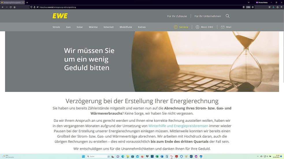 Auf ihrer Internetseite verbreitete die EWE am Freitagmittag, 29. September, noch Optimismus, dass es mit den verspäteten Rechnungen bis zum Quartalsende klappen könnte. Doch die EWE-Pressestelle hatte derweil bereits mitgeteilt, dass das nicht klappt. Screenshot: OZ/Quelle: EWE